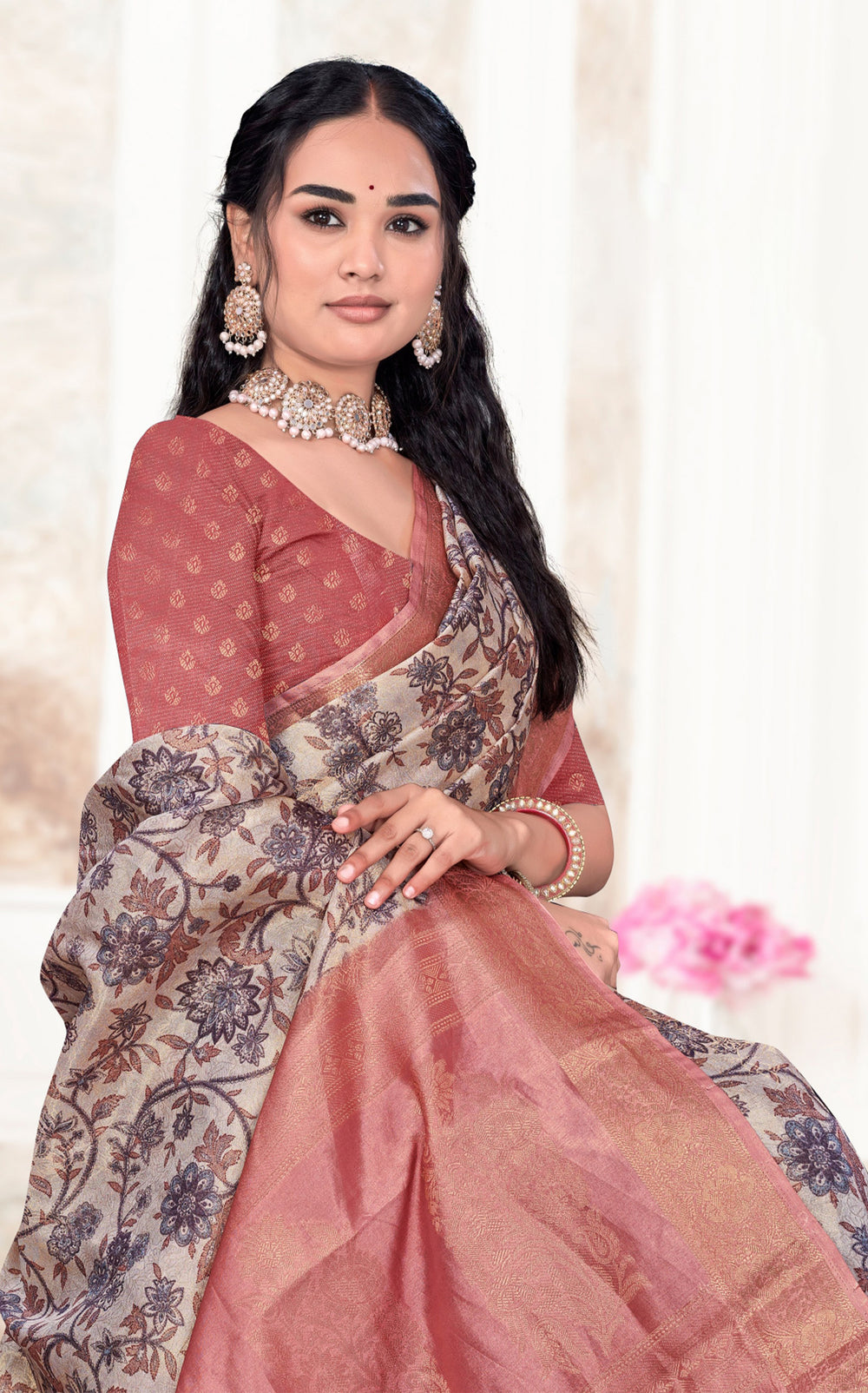 Floral Kalamkari Silk Cotton Saree with Zari Border