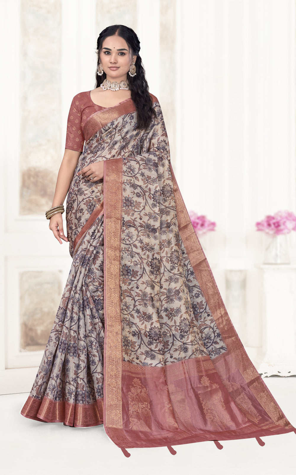 Floral Kalamkari Silk Cotton Saree with Zari Border