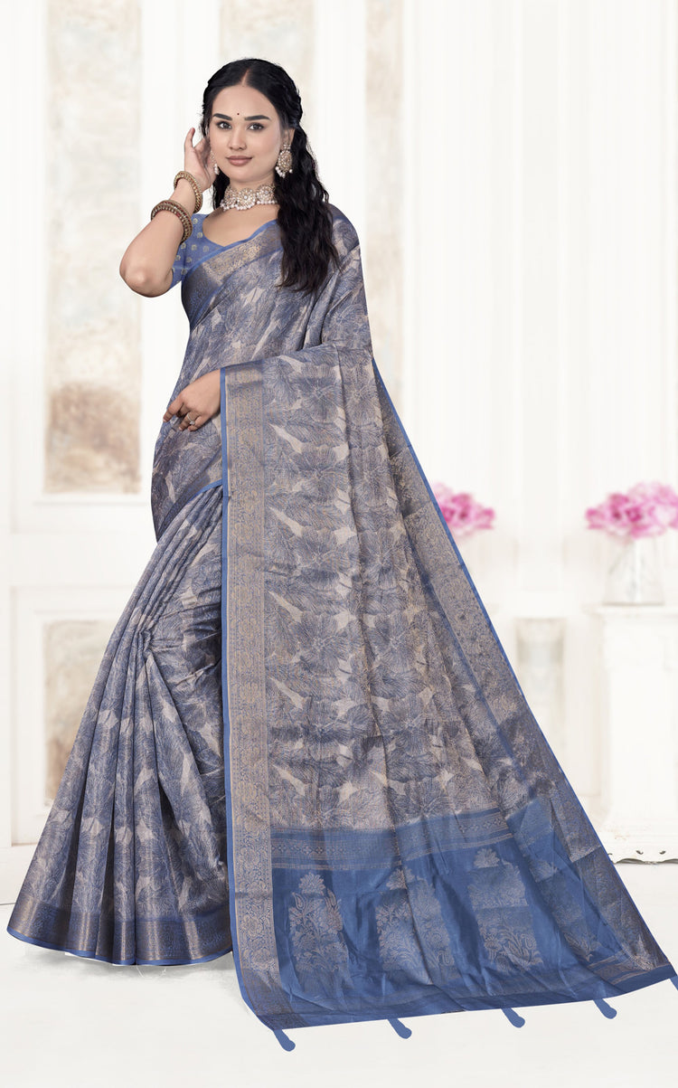 Floral Kalamkari Silk Cotton Saree with Zari Border
