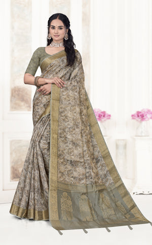 Floral Kalamkari Silk Cotton Saree with Zari Border