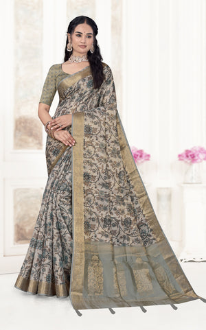 Floral Kalamkari Silk Cotton Saree with Zari Border