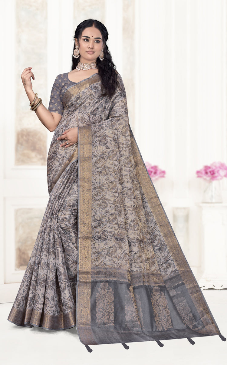 Floral Kalamkari Silk Cotton Saree with Zari Border
