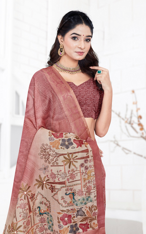 Artistic Dark Floral Digital Printed Linen Tissue Saree