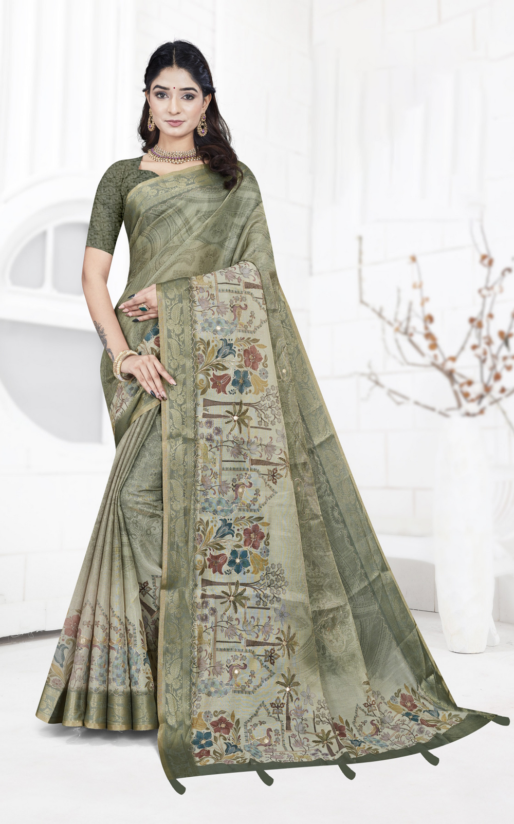 Artistic Dark Floral Digital Printed Linen Tissue Saree