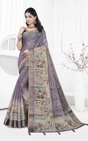 Artistic Dark Floral Digital Printed Linen Tissue Saree
