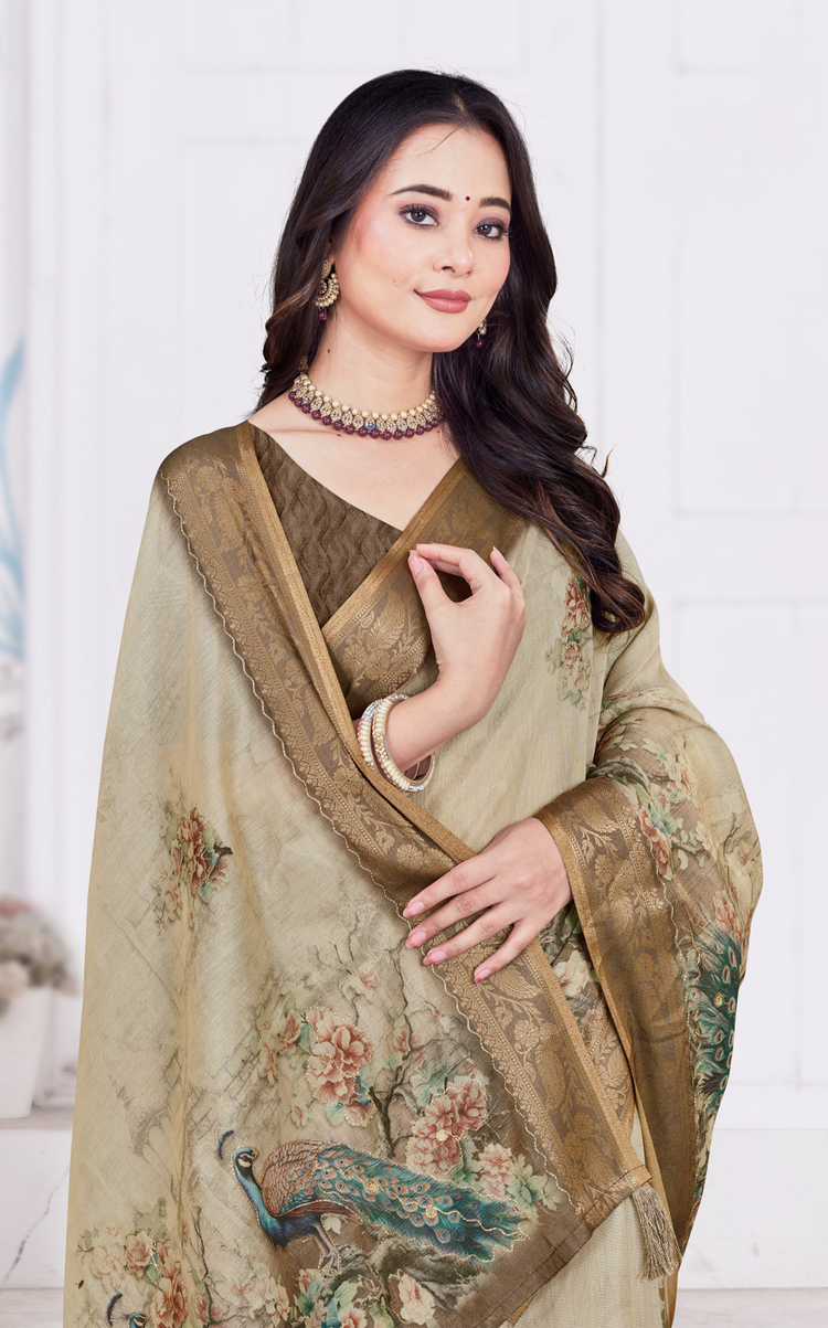 Floral & Peacock Printed Silk Blend Saree