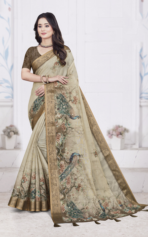 Floral & Peacock Printed Silk Blend Saree