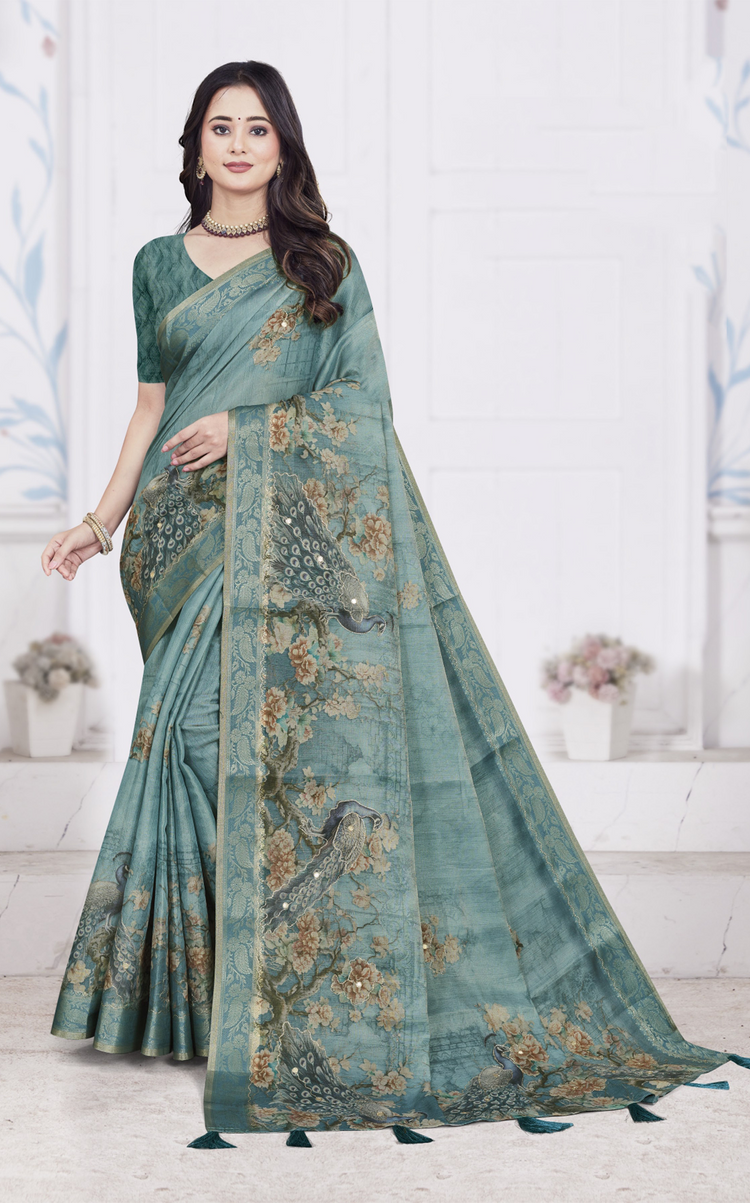 Floral & Peacock Printed Silk Blend Saree
