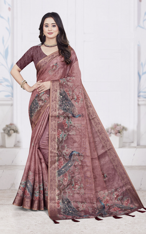 Floral & Peacock Printed Silk Blend Saree