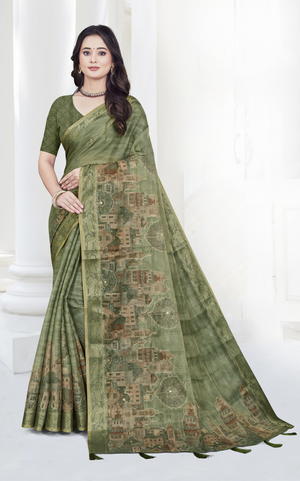 Elegant Dola Silk Saree with Madhubani Digital Print and Woven Zari Border