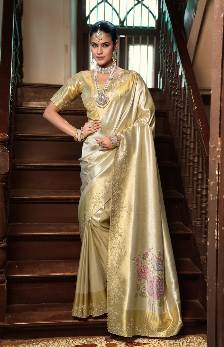 Jarkan Glow Tissue Silk Saree For Festive Wear