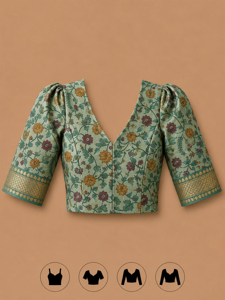 Soft cotton saree with plain body and fancy Kalamkari print contrast blouse