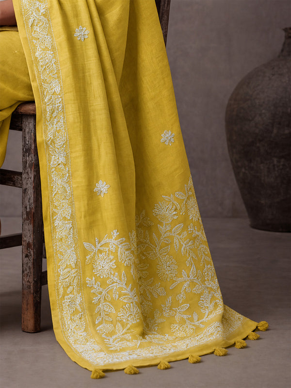 Embellished Embroidered Linen Blend Handloom Bhagalpuri Saree