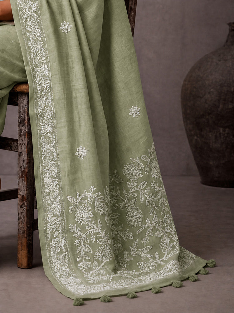 Embellished Embroidered Linen Blend Handloom Bhagalpuri Saree