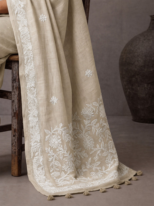 Embellished Embroidered Linen Blend Handloom Bhagalpuri Saree